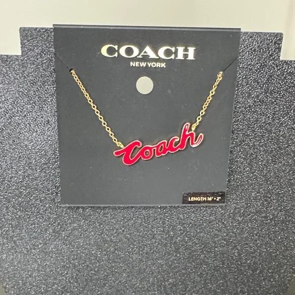 Coach Red Script Necklace with Gold Chain NWT - Picture 1 of 2